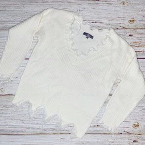 White Knit Fringe Sweater - Blue Blush